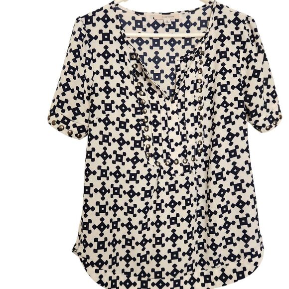 41 Hawthor White/ Blue Geometric Sheer Top Size Medium Metallic Buttons Details - Picture 2 of 12